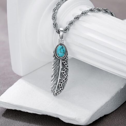 قلادة الريشة مع الفيروز/الأسود onyx في 925 sterling سيلف الفضة الريش قلادة للرجال النساء in Kuwait