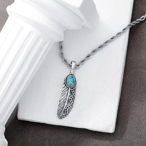 قلادة الريشة مع الفيروز/الأسود onyx في 925 sterling سيلف الفضة الريش قلادة للرجال النساء in Kuwait