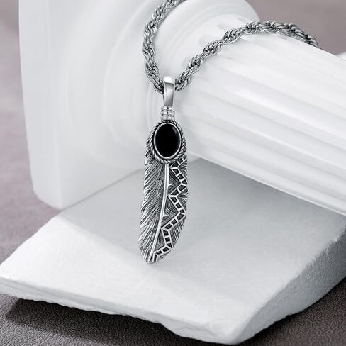 قلادة الريشة مع الفيروز/الأسود onyx في 925 sterling سيلف الفضة الريش قلادة للرجال النساء in Kuwait