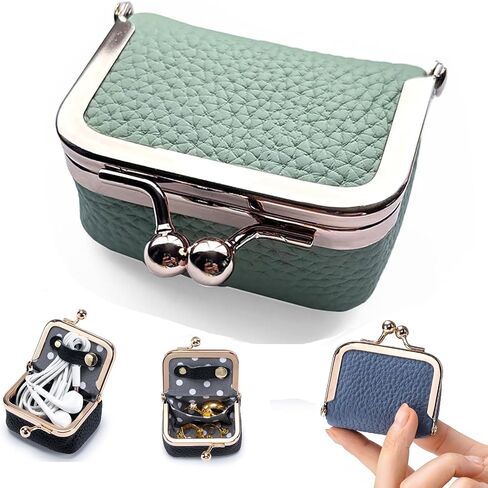 2025 New Genuine Leather Mini Jewelry Box for Women - Vintage Kiss Lock Travel Jewelry Case Organizer, Portable Tiny Jewelry Pouch for Earrings, Rings, Necklace (Green) in Kuwait