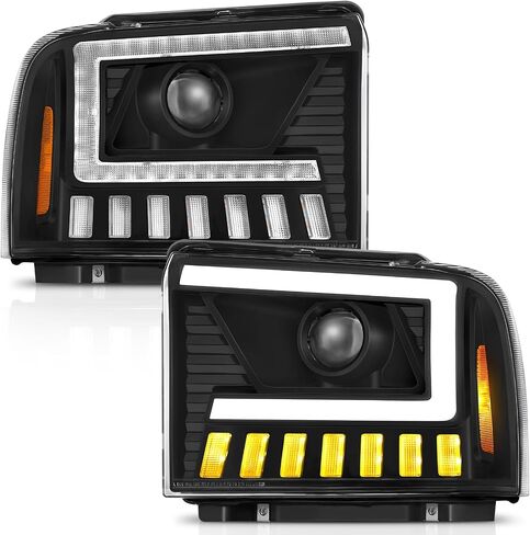 500% Brighter LED Projector Sequential LED DRL Headlight Assembly Fit for 2005-2007 2005 2006 2007 05 06 07 F250 F350 F450 F550 Super Duty/2005 Ford Excursion (Black Housing Clear Reflector) in Kuwait