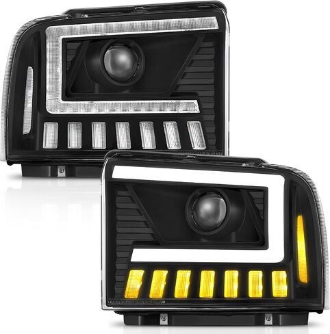 500% Brighter LED Projector Sequential LED DRL Headlight Assembly Fit for 2005-2007 2005 2006 2007 05 06 07 F250 F350 F450 F550 Super Duty/2005 Ford Excursion (Black Housing Clear Reflector) in Kuwait