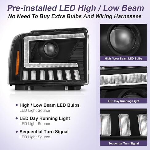 500% Brighter LED Projector Sequential LED DRL Headlight Assembly Fit for 2005-2007 2005 2006 2007 05 06 07 F250 F350 F450 F550 Super Duty/2005 Ford Excursion (Black Housing Clear Reflector) in Kuwait