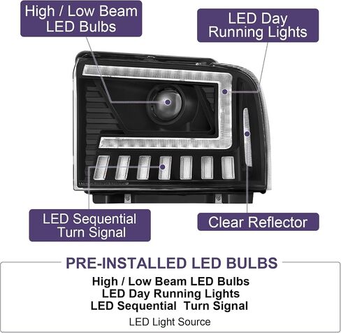 500% Brighter LED Projector Sequential LED DRL Headlight Assembly Fit for 2005-2007 2005 2006 2007 05 06 07 F250 F350 F450 F550 Super Duty/2005 Ford Excursion (Black Housing Clear Reflector) in Kuwait