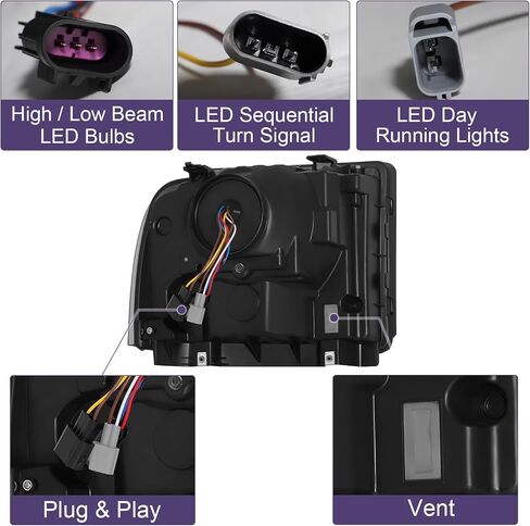 500% Brighter LED Projector Sequential LED DRL Headlight Assembly Fit for 2005-2007 2005 2006 2007 05 06 07 F250 F350 F450 F550 Super Duty/2005 Ford Excursion (Black Housing Clear Reflector) in Kuwait