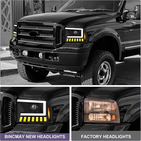 500% Brighter LED Projector Sequential LED DRL Headlight Assembly Fit for 2005-2007 2005 2006 2007 05 06 07 F250 F350 F450 F550 Super Duty/2005 Ford Excursion (Black Housing Clear Reflector) in Kuwait