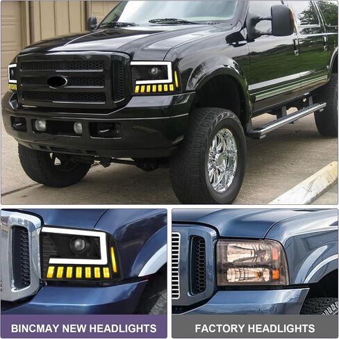 500% Brighter LED Projector Sequential LED DRL Headlight Assembly Fit for 2005-2007 2005 2006 2007 05 06 07 F250 F350 F450 F550 Super Duty/2005 Ford Excursion (Black Housing Clear Reflector) in Kuwait