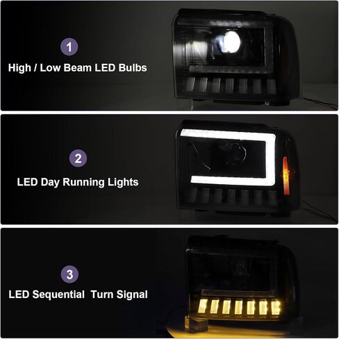 500% Brighter LED Projector Sequential LED DRL Headlight Assembly Fit for 2005-2007 2005 2006 2007 05 06 07 F250 F350 F450 F550 Super Duty/2005 Ford Excursion (Black Housing Clear Reflector) in Kuwait
