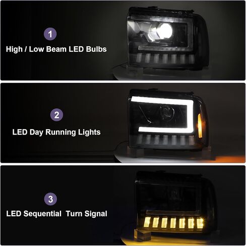 500% Brighter LED Projector Sequential LED DRL Headlight Assembly Fit for 2005-2007 2005 2006 2007 05 06 07 F250 F350 F450 F550 Super Duty/2005 Ford Excursion (Black Housing Clear Reflector) in Kuwait