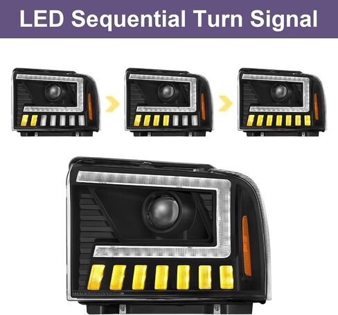 500% Brighter LED Projector Sequential LED DRL Headlight Assembly Fit for 2005-2007 2005 2006 2007 05 06 07 F250 F350 F450 F550 Super Duty/2005 Ford Excursion (Black Housing Clear Reflector) in Kuwait