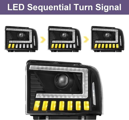 500% Brighter LED Projector Sequential LED DRL Headlight Assembly Fit for 2005-2007 2005 2006 2007 05 06 07 F250 F350 F450 F550 Super Duty/2005 Ford Excursion (Black Housing Clear Reflector) in Kuwait