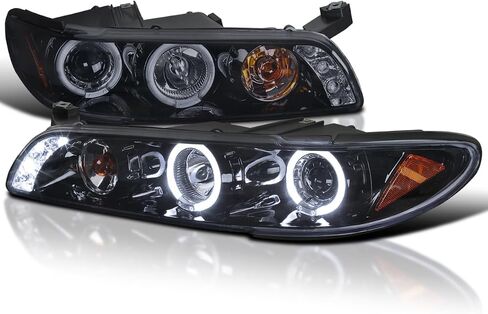 مواصفات توليف اللمعان السوداء السوداء اللامعة LED LED HALO Projector المصابيح الأمامية + أضواء الزاوية متوافقة مع عام 1997-2003 بونتياك جراند بريكس ، اليسار + الزوج الأيمن. in Kuwait