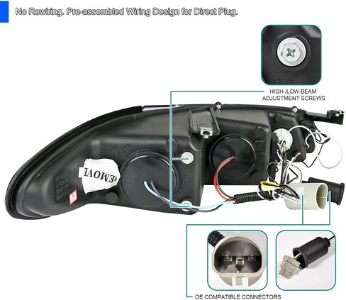 مواصفات توليف اللمعان السوداء السوداء اللامعة LED LED HALO Projector المصابيح الأمامية + أضواء الزاوية متوافقة مع عام 1997-2003 بونتياك جراند بريكس ، اليسار + الزوج الأيمن. in Kuwait
