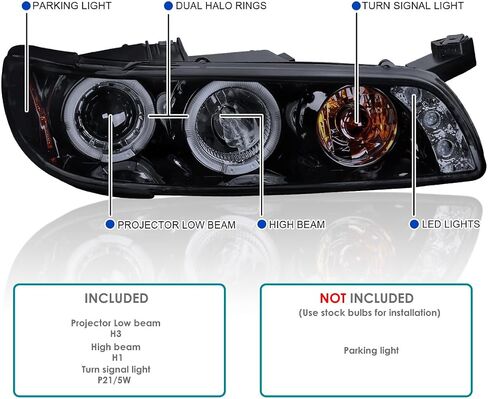 مواصفات توليف اللمعان السوداء السوداء اللامعة LED LED HALO Projector المصابيح الأمامية + أضواء الزاوية متوافقة مع عام 1997-2003 بونتياك جراند بريكس ، اليسار + الزوج الأيمن. in Saudi Arabia