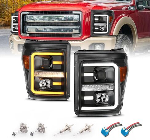 المصابيح الأمامية البديلة Amerilite لعام 2011-2016 Ford F250/350/450 Super Duty Switchback LED Tube Projector مجموعة تجميع الكروم - جانب الركاب والسائق in Saudi Arabia