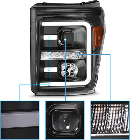 المصابيح الأمامية البديلة Amerilite لعام 2011-2016 Ford F250/350/450 Super Duty Switchback LED Tube Projector مجموعة تجميع الكروم - جانب الركاب والسائق in Saudi Arabia