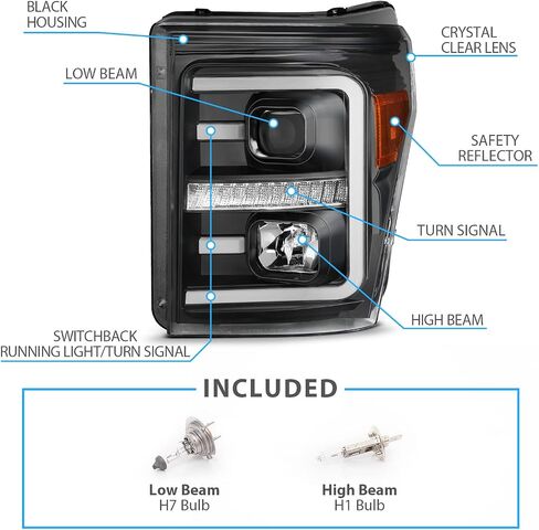 المصابيح الأمامية البديلة Amerilite لعام 2011-2016 Ford F250/350/450 Super Duty Switchback LED Tube Projector مجموعة تجميع الكروم - جانب الركاب والسائق in Saudi Arabia
