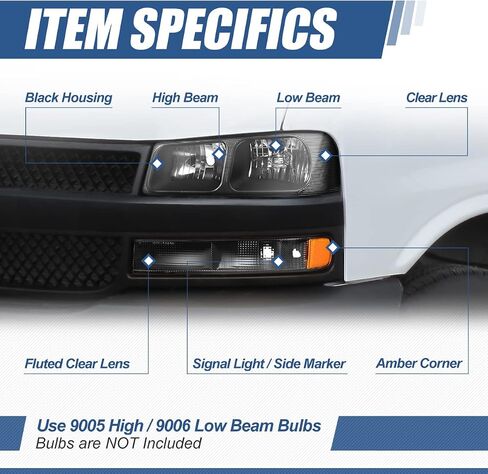 مجموعة المصابيح الأمامية للسلالة التلقائية المتوافقة مع 2003-2024 Chevy Express GMC Savana 1500 2500 3500 4500 ، 4pcs مصابيح أمامية هالوجين استبدال مع مصابيح المصد ، زاوية أمبر أسود. in Saudi Arabia
