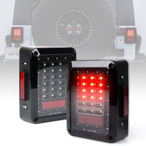 أضواء ذيل LED المدخنة Xprite متوافقة مع 2007-2018 Jeep Wrangler JK & JKU (الصحراء/روبيكون/الرياضة/غير محدودة) - مصابيح قابس وتشغيل معتمدة مع الفرامل ، عكسي ، عكس الإشارة والتشغيل in Kuwait