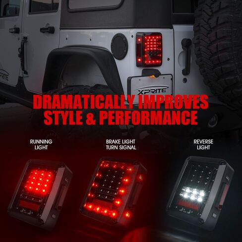 أضواء ذيل LED المدخنة Xprite متوافقة مع 2007-2018 Jeep Wrangler JK & JKU (الصحراء/روبيكون/الرياضة/غير محدودة) - مصابيح قابس وتشغيل معتمدة مع الفرامل ، عكسي ، عكس الإشارة والتشغيل in Kuwait