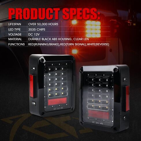 أضواء ذيل LED المدخنة Xprite متوافقة مع 2007-2018 Jeep Wrangler JK & JKU (الصحراء/روبيكون/الرياضة/غير محدودة) - مصابيح قابس وتشغيل معتمدة مع الفرامل ، عكسي ، عكس الإشارة والتشغيل in Kuwait