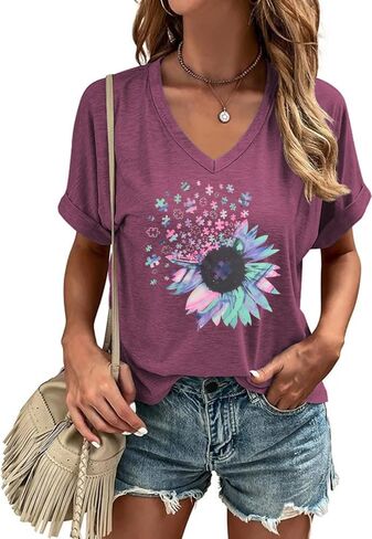 Graphic v Deck Shirt for Women Boho Floral Wildlowers Tee Cottagecore Summer T-Shirt Blouse in Kuwait