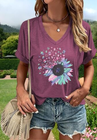 Graphic v Deck Shirt for Women Boho Floral Wildlowers Tee Cottagecore Summer T-Shirt Blouse in Kuwait