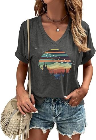 Graphic v Deck Shirt for Women Boho Floral Wildlowers Tee Cottagecore Summer T-Shirt Blouse in Kuwait