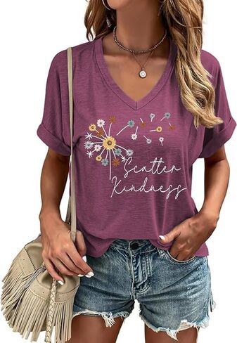 Graphic v Deck Shirt for Women Boho Floral Wildlowers Tee Cottagecore Summer T-Shirt Blouse in Kuwait