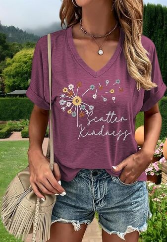 Graphic v Deck Shirt for Women Boho Floral Wildlowers Tee Cottagecore Summer T-Shirt Blouse in Kuwait