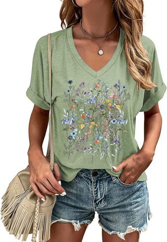 Graphic v Deck Shirt for Women Boho Floral Wildlowers Tee Cottagecore Summer T-Shirt Blouse in Kuwait