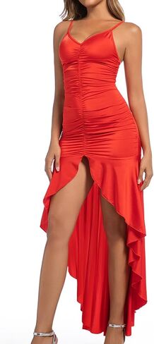 Women's Spaghetti Strap Deep V Neck Ruched Split Long Dress Mermaid Evening Cocktail Draped Bodycon Party Wedding Dress in Saudi Arabia