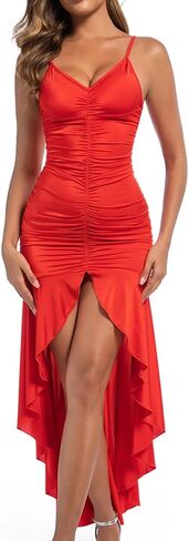 Women's Spaghetti Strap Deep V Neck Ruched Split Long Dress Mermaid Evening Cocktail Draped Bodycon Party Wedding Dress in Saudi Arabia