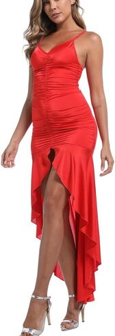Women's Spaghetti Strap Deep V Neck Ruched Split Long Dress Mermaid Evening Cocktail Draped Bodycon Party Wedding Dress in Saudi Arabia