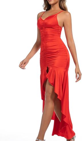 Women's Spaghetti Strap Deep V Neck Ruched Split Long Dress Mermaid Evening Cocktail Draped Bodycon Party Wedding Dress in Saudi Arabia