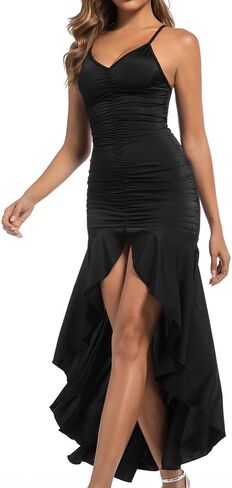 Women's Spaghetti Strap Deep V Neck Ruched Split Long Dress Mermaid Evening Cocktail Draped Bodycon Party Wedding Dress in Saudi Arabia
