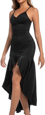 Women's Spaghetti Strap Deep V Neck Ruched Split Long Dress Mermaid Evening Cocktail Draped Bodycon Party Wedding Dress in Saudi Arabia