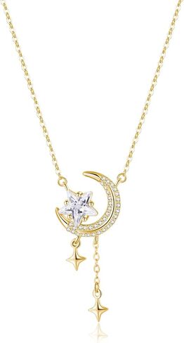 Reffeer Solid 925 Sterling Silver Moon Star Necklace للنساء المراهقات CZ القمر قلادة القلادة قلادة قلادة دنتي in Saudi Arabia