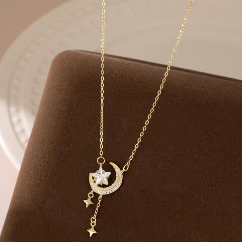Reffeer Solid 925 Sterling Silver Moon Star Necklace للنساء المراهقات CZ القمر قلادة القلادة قلادة قلادة دنتي in Saudi Arabia
