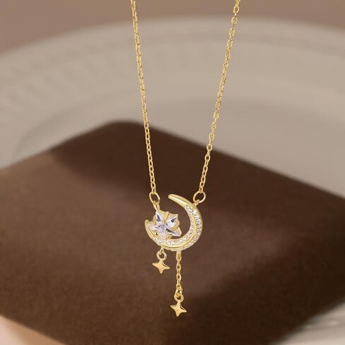 Reffeer Solid 925 Sterling Silver Moon Star Necklace للنساء المراهقات CZ القمر قلادة القلادة قلادة قلادة دنتي in Saudi Arabia