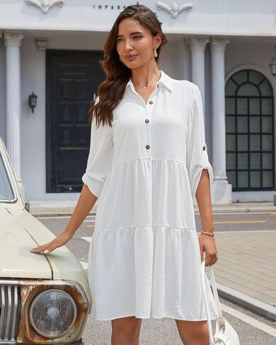 Bsubseach Womens Summer 2025 Casual Midi Dresses Button Down 3/4 Sleeve Ruffle Dress Boho Beach Vacation Sundress in Saudi Arabia
