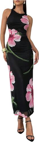 Women's Floral Print Crew Neck Tank Dress Sleeveless Bodycon Mesh Maxi Dresses in Kuwait