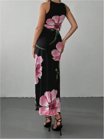 Women's Floral Print Crew Neck Tank Dress Sleeveless Bodycon Mesh Maxi Dresses in Kuwait