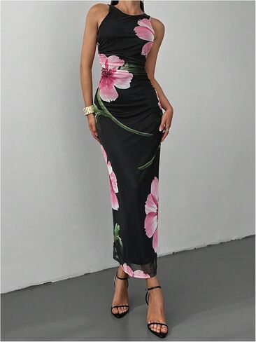 Women's Floral Print Crew Neck Tank Dress Sleeveless Bodycon Mesh Maxi Dresses in Kuwait