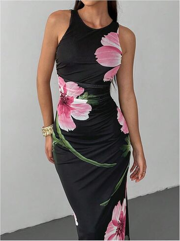 Women's Floral Print Crew Neck Tank Dress Sleeveless Bodycon Mesh Maxi Dresses in Kuwait