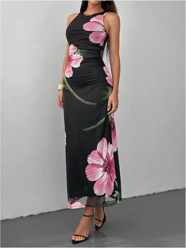 Women's Floral Print Crew Neck Tank Dress Sleeveless Bodycon Mesh Maxi Dresses in Kuwait