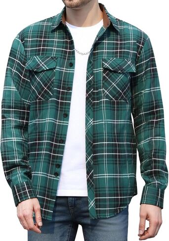 Flannel Shirt for Men Plaid Button Down Long Sleeve Shirt Soft Casual Tops with Two Chest Pockets in Saudi Arabia