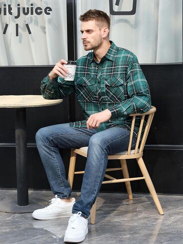 Flannel Shirt for Men Plaid Button Down Long Sleeve Shirt Soft Casual Tops with Two Chest Pockets in Saudi Arabia