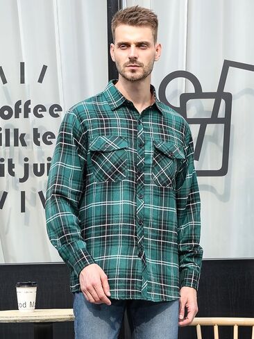 Flannel Shirt for Men Plaid Button Down Long Sleeve Shirt Soft Casual Tops with Two Chest Pockets in Saudi Arabia