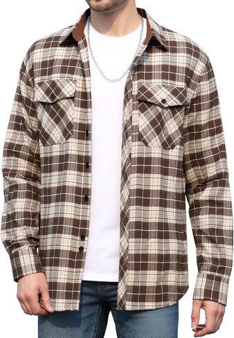 Flannel Shirt for Men Plaid Button Down Long Sleeve Shirt Soft Casual Tops with Two Chest Pockets in Saudi Arabia